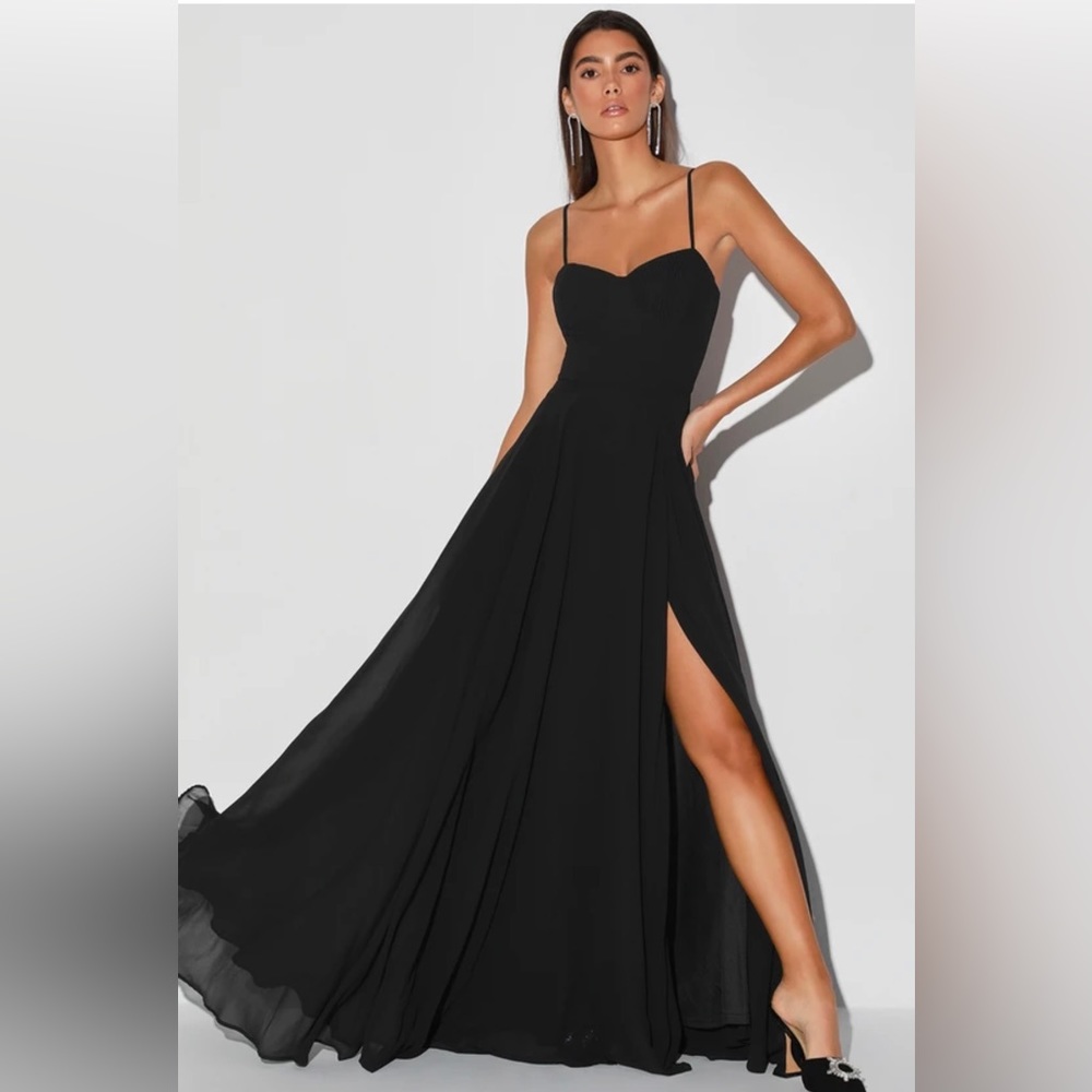 LULU’S Cause for Commotion Black Pleated Bustier Maxi Dress